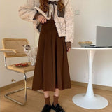 HOUZHOU Vintage Pleated Long Skirts Women Brown Kawaii High Waisted A-line Midi Skirt Autumn Korean Fashion Preppy Style Girls