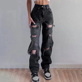 Nukty Black Ripped High Waist Jeans for women Vintage Clothes y2k Fashion Straight Denim Trousers Streetwear Hole Hip Hop Pant jeans