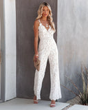 Lace Wide Leg Jumpsuit V-neck Fashion Sexy Sleeveless Backless Jumpsuits Patchwork Summer Sling Slim Women Jumpsuit