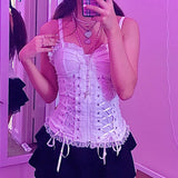 Nukty E-girl Grunge Kawaii Corset Top Zipper White Lace Trim Bandage Slim Fit Cropped Top Gothic Emo Alt Clothes Women Streetwear