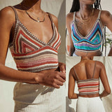 Summer Ladies Sexy Midriff-baring Camisole Girls Creative Colorful Stripe V-neck Sleeveless Base Shirt Knitted Tops