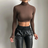 Nukty Basic Sheath Women Solid Turtleneck Tshirt Autumn Stretch Casual Undershirt Female All-match Street Activity Crop Tops