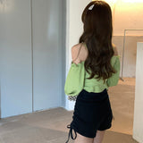 Nukty Fashion Woman Blouses Off Shoulder Top Sexy Blouse Thin Strape Backless Crop Tops Club Evening Party Clothes Korean New