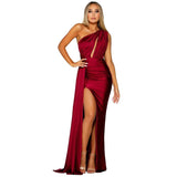 One Shoulder Satin Maxi Dress Hollow Out Slit Leg Sexy Long Evening Party Dress Gown Green Burgundy