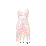 Nukty Women Boho Sequin Fish Scales Tassel Dress Belly Dance Performance Sparkly Dress Festival Clothes Rave Party Costume