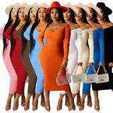 Nukty Women Autumn Solid Ribbed Maxi Knitted Dress V Neck Sexy Slim Elastic Basic Long Bodycon Dress Winter Off Shoulder White Dresses