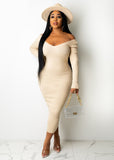Nukty Women Autumn Solid Ribbed Maxi Knitted Dress V Neck Sexy Slim Elastic Basic Long Bodycon Dress Winter Off Shoulder White Dresses