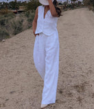 Nukty Summer White Linen Two Piece Set For Women Fashion Sleeveless Tank Top New In Matching High Waist Wide Pants Set