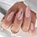 24Pcs Pink Almond False Nails Shiny Golden Ripples Stiletto Fake Nails Detachable Oval Full Cover Press on Nails Tips Manicure