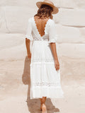 Spring Summer Dress Women White Patchwork Lace V-Neck Ruffle Sleeve Long Dresses Boho Casual Beach Vestidos