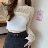 Nukty New Women Solid Sweater O-Neck Cropped Sweater Pullover Crop Top Female Short Sleeve Hollow Out Super Cropped Sweaters Shirts