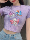 Nukty Cute Crop Top T-shirts Tie Dye Summer Tops Casual Cat Print Graphic Tees Short Sleeve T-shirt Ladies Purple Tee Shirt Basic Top