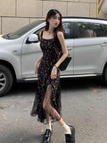 Nukty Y2k Vintage Black Floral Dress Women Korean Style Mesh Irregular Split One Piece Slip Long Chiffon Fairy Dresses Summer