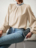 Elegant Women's Blouse Autumn Fashion Solid Puff Long Sleeve Tops Casual Youth Sequin Turtleneck Shirts New Collection 2024