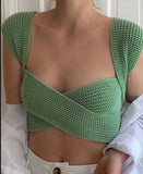 Nukty Green Bandage Knit Top Women Summer Sleeveless Off Shoulder Knitted Crop Top Sexy Black White Tank Top Streetwear Vest