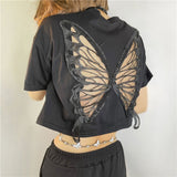 Nukty Harajuku Butterfly Wings Black T-shirt Sexy Hollow Out Short Sleeve Crop Top E-girl Dark Academia Grunge Pullovers Tees Women