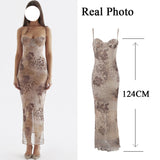 Nukty Floral Print Maxi Prom Dress Sexy Mesh Celebrity Evening Party Dresses Bodycon Spaghetti Strap Summer Women Dresses