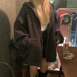 Nukty Harajuku Vintage Striped Zip Up Hoodies Women Autumn Spring Long Sleeve Oversized Sweatshirt Korean Grunge Emo Alt Streetwear