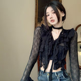 Nukty Women Lace Blouses  Y2k Crop Top Sexy Gothic GrungeFemale Shirts Elegant Black Transparent Cardigan Korean Streetwear