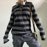 Women Fairy Grunge Knit Basic Shirt Autumn Y2K Grey Black Striped Long Sleeve Round Neck Tops Emo Tee