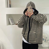 Nukty Autumn Winter Red Stripes Hooded Knit Cardigan Woman Korean Fashion Loose Casual Sweater Zipper Coat Oversized Long Sleeve Top