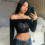 Nukty Off Shoulder Sexy Gothic Crop Top T-Shirts Women Clothes crop Rhinestone Skeleton Grunge Clothing Tee Y2K Shirt Core Tops vegan