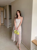 French Style Summer Vintage Floral Pleated Dress Women Spaghetti Strap High Waist Pleated Beach Dress