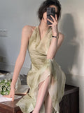 Nukty Vintage Sexy Sleeveless Neck-mounted Party Maxi Dresses for Women Halter Spaghetti Strap Folds Midi Dress Elegant Fashion Summer