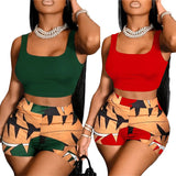 Nukty Summer Women Slim Square Collar Vest Top And Digital Print Shorts Two 2 Pieces Set Beach Resort Wind Casual Outfits