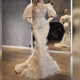Nukty Evening Gowns Women Party Dress Full Lace Beading Feather Prom Dresses Long Sleeves High Neck Robe De Soir¨¦e