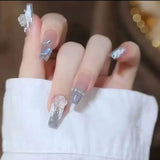 24pcs Bridal Nail Art tips with design press on nails long false nails glue coffin nail tips Rhinestones Glitter stick on nails