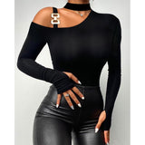 Nukty Spring Summer Women Clothing Daily Wear Black T-shirts Elegant Cold Shoulder Long Sleeve Skinny Casual Top