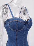 High Quality Summer Denim Jumpsuit for Women Blue Rompers Fashion Short Bodysuit Slim Jumpsuit Ladies Vestidos Removable Straps