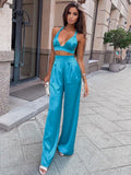 Sexy Silky Satin Camis Crop Top and Pants 2 Piece Sets Women Fashion High Waist Pants Matching Sets Outfits Streetwear