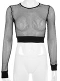 Mesh Top Fishnet Long Sleeve Tees White Shirt See Through Star Streetwear Goth Y2K Clothes Sexy Crop Top Women's T-shirt Female