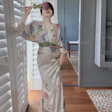 Nukty Printing Midi Bodycon Dress Elegant Japan Style V-Neck Long Half Batwing Sleeve Sashes Floral Maxi Dresses for Women Summer