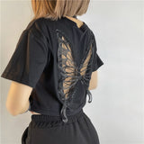 Nukty Harajuku Butterfly Wings Black T-shirt Sexy Hollow Out Short Sleeve Crop Top E-girl Dark Academia Grunge Pullovers Tees Women