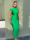 Elegant Backless Sleeveless Party Maxi Dress with Shoulder Pads Women Gowns Sexy Solid Bodycon Green Formal Long Dresses