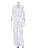 Nukty Summer White Linen Two Piece Set For Women Fashion Sleeveless Tank Top New In Matching High Waist Wide Pants Set