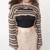 Nukty Dourbesty Vintage Stripe Knitting Crop Top Grunge Aesthetic 90 00s T-Shirts Hollow Out Y2k Pullovers Long Sleeve Top Streetwear