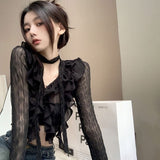 Nukty Women Lace Blouses  Y2k Crop Top Sexy Gothic GrungeFemale Shirts Elegant Black Transparent Cardigan Korean Streetwear