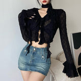 Nukty Women Lace Blouses  Y2k Crop Top Sexy Gothic GrungeFemale Shirts Elegant Black Transparent Cardigan Korean Streetwear