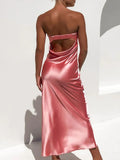 Townlike Slash Neck Midi Long Dress Women Chest Wrap Backless Strapless Satin Dress Temperament Elegant Sexy Party Dresses