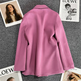 Nukty Women Casual Blazer Double Breasted Suit Jacket Korean Version Pure Color Loose Fashion Suit Jacket Simple Office Ladies Tops