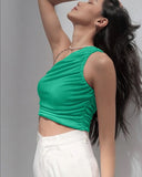 Nukty Sexy One Shoulder Crop Top Ruched Short Tank Top Women Summer Top Y2K Sleeveless Shirts Camisole White Black Green Orange