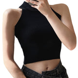 Nukty Women Ribbed Halter Tank Crop Tops Summer Spring Base T-shirt Harajuku Adults Sleeveless Solid Color Round Neck Knit Tops