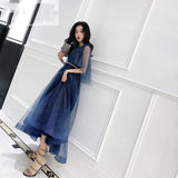 Luxury Shiny Long Women Evening Gown V-Neck Floor-Length Elegant Banquet Dress Wedding Lace-Up Tulle Prom Party Dresses Blue Red