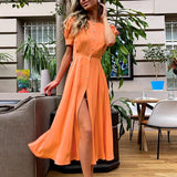 Nukty Women's Summer Long Dress Slit Orange Elegant Short Sleeve Maxi Dresses Office Ladies Buttons Holiday Shirt Dress For Women