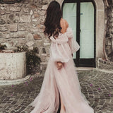 Nukty Pink Shiny Tulle Prom Dresses Off The Shoulder Long Puff Sleeve Evening Party Gowns Slit Women Arabia Wedding Dress