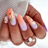 24Pcs False Nails With Glue Almond Pink Butterfly Design Detachable Rhinestones Acrylic Fake Nails long stiletto Press On Nails